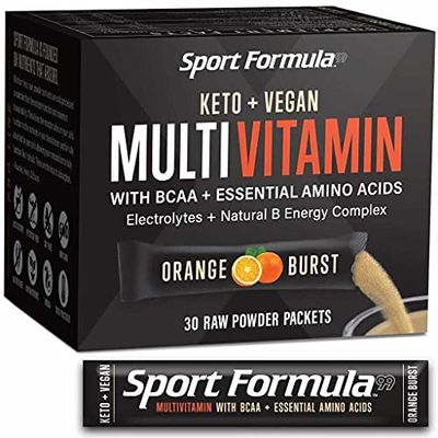 Vegan Superfood Daily Keto MultiVitamin for Men and Women BCAA BCCA Amino Acid Powder Packets Orange Mix Won&#39;t Upset Your Stomach Powdered Digestive Enzymes Vitamin B Natural Flavoring Energy Complex