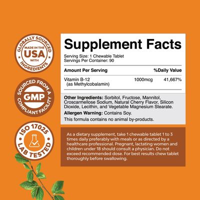 Chewable Vitamin B12 1000 mcg - Methylated B12 Vegan Vitamin for Brain Support Natural Energy - Bone Health Eye Care and Mood Boost with Hair Skin and Nails Halal Vitamins