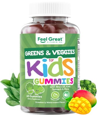 Feel Great Super Green Gummies for Kids | Fruit and Vegetable Gummies | Vegan Veggie Gummy Multivitamin for Kids | Veggie Fiber Supplement | 60 Count