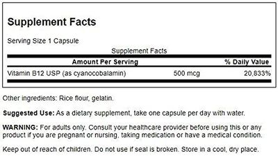 Swanson Vitamin B12 (Cyanocobalamin) - 500mcg Each, 250 Capsules - Energy, Nervous System, and Overall Wellness Support