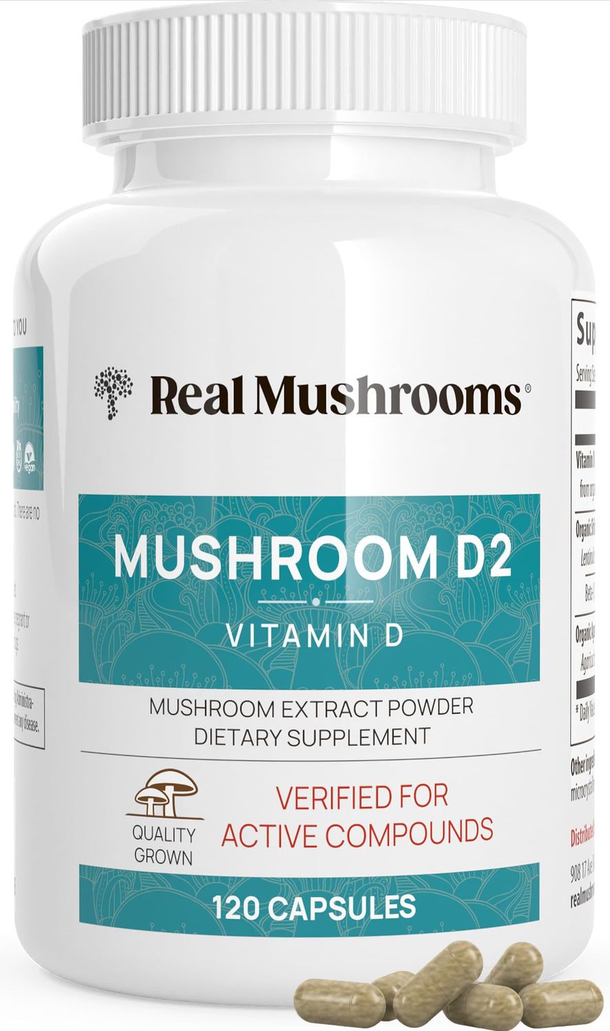 Real Mushrooms Vitamin D2 (120 ct) Vegan Vitamin D Supplements - Organic Vitamin D Vegan Supplement 1000 IU Shiitake &amp; Agaricus Mushroom Complex - Vegan Vitamins for Bone &amp; Muscle Health, Energy, Mood