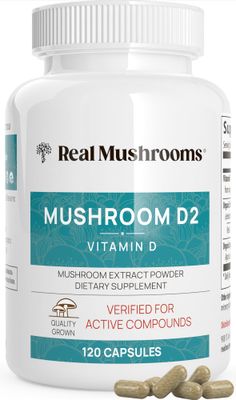 Real Mushrooms Vitamin D2 (120 ct) Vegan Vitamin D Supplements - Organic Vitamin D Vegan Supplement 1000 IU Shiitake &amp; Agaricus Mushroom Complex - Vegan Vitamins for Bone &amp; Muscle Health, Energy, Mood