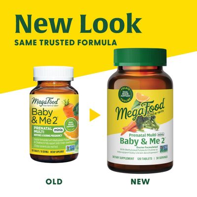 MegaFood Baby &amp; Me 2 Prenatal Vitamin &amp; Minerals - Vitamins for Women - with Folate (Folic Acid Natural Form), Choline, Iron, Iodine, Vitamin C, Vitamin D and More - 120 Mini Tabs (30 Servings)
