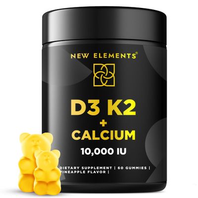 Vitamin D3 K2 Gummies 10000 IU with Calcium 100mg - VIT D3 for Adults - Mk7 Vitamin K2 100mcg - Vitamin D Supplement for Men &amp; Women - Vegan Gluten Free Non-GMO