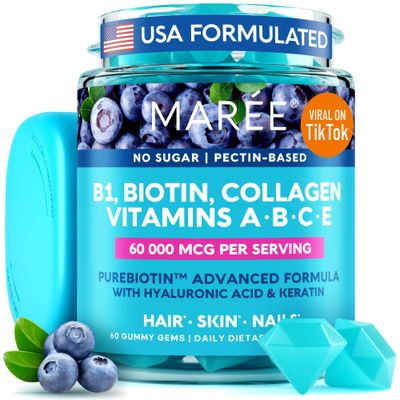 MAREE Vitamin B1 Thiamine &amp; B7 Biotin Gummies - A E D C Vitamins Complex with Keratin, Collagen, Hyaluronic &amp; Pantothenic Acid for Skin, Nails &amp; Hair