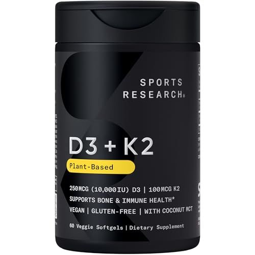 Sports Research Vegan D3 10,000iu with Vitamin K2 100mg - Formulated with Coconut MCT Oil - Vegan Certified, Soy &amp; Gluten Free - 60 Softgels