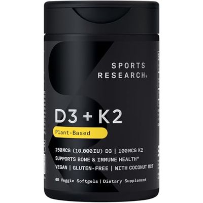 Sports Research Vegan D3 10,000iu with Vitamin K2 100mg - Formulated with Coconut MCT Oil - Vegan Certified, Soy &amp; Gluten Free - 60 Softgels