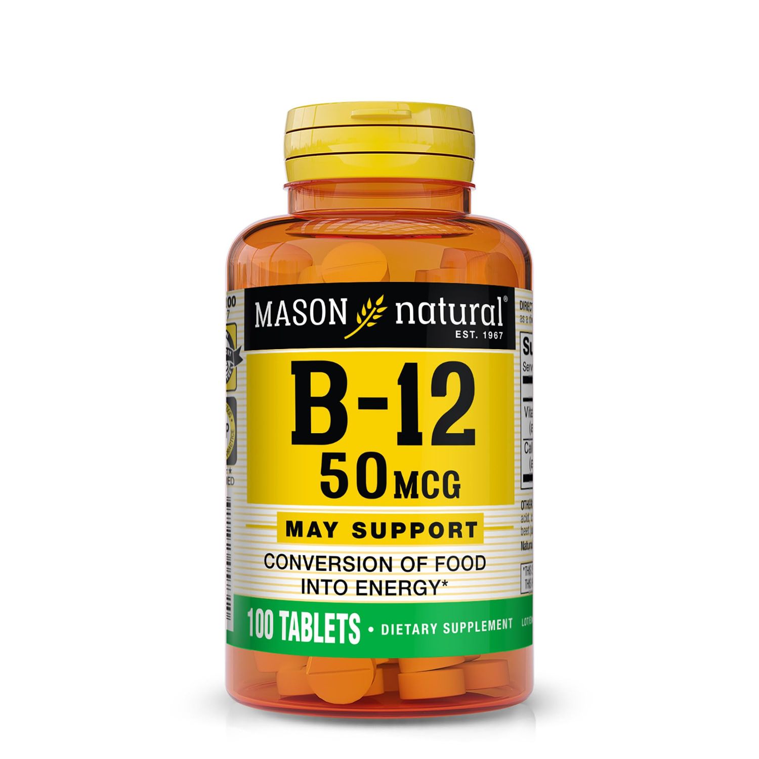 MASON NATURAL Vitamin B12 50 mcg with Calcium, 100-Day Supply, Dietary Supplement to Support Natural Energy Levels, 100 Tablets (Pack of 1)