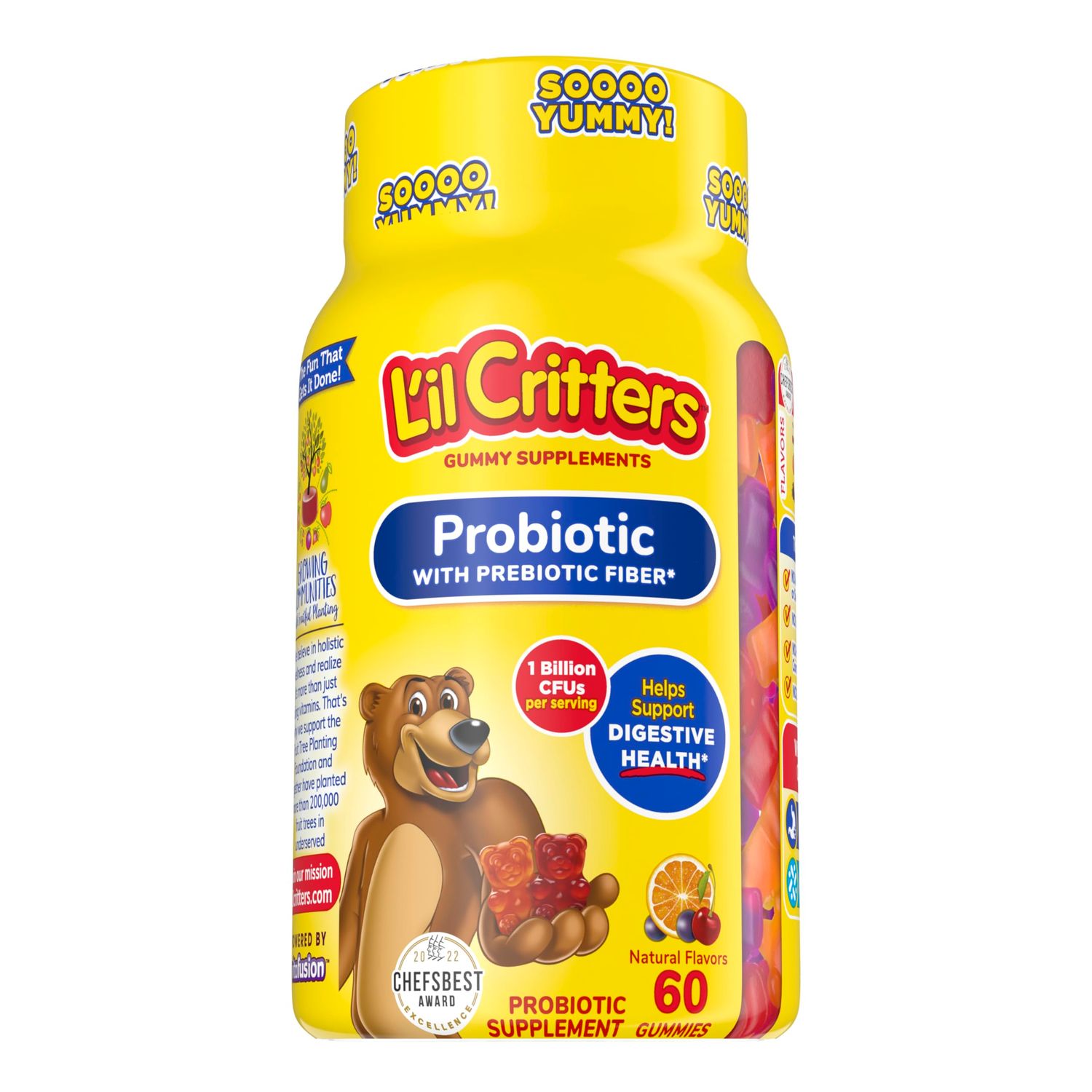 Lil Critters Probiotic Daily Gummy Supplement for Kids, for Digestive Health Support, Grape, Cherry and Orange Flavors, 60 Gummies