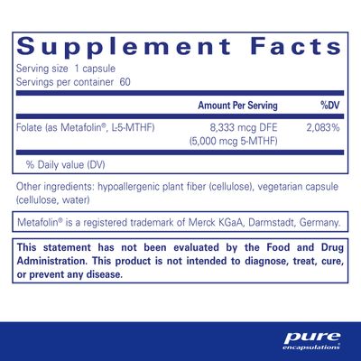 Pure Encapsulations - Folate 5,000 - Activated Vitamin B9 as 5-Methyltetrahydrofolate (5-MTHF) - 60 Capsules