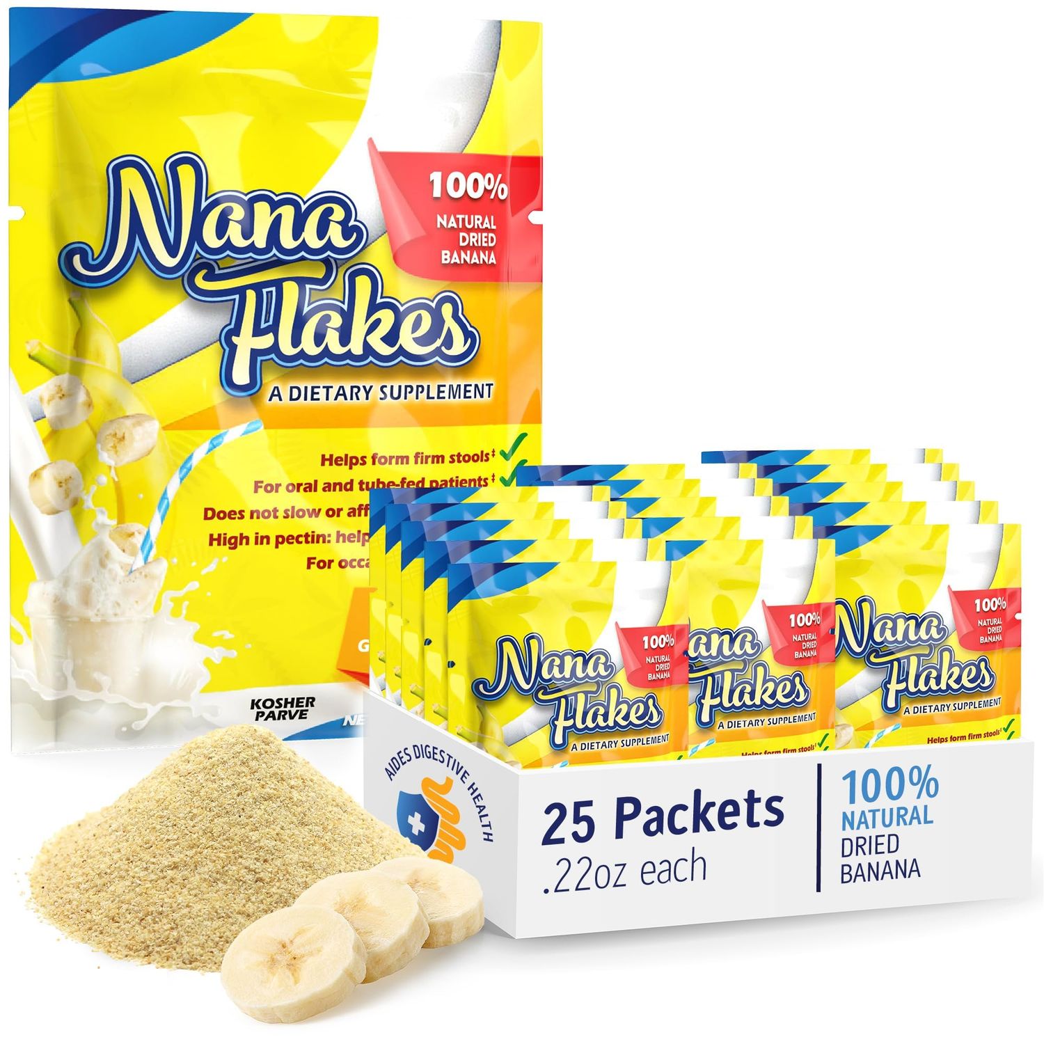 Nana Flakes 100% Pure Banana Flakes Medical Food Powder - Decrease Fat Intake &amp; Natural Remedy for Diarrhea &amp; Heart Burn - Great Source of Protein &amp; Fiber - Single Serve (25 Packets)