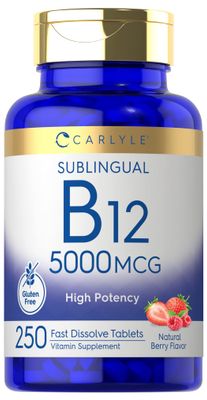 Carlyle Vitamin B12 5000mcg | 250 Fast Dissolve Tablets | Natural Berry Flavor | Vegetarian, Non-GMO, Gluten Free