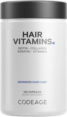 Codeage Hair Vitamins 10000 mcg Biotin, Keratin, Collagen, Vitamin A, B12, C, D3, E, Zinc, Turmeric, Probiotics, Enzymes, Inositol - Hair Care Support - Healthy Hair Supplement Pills - 120 Capsules