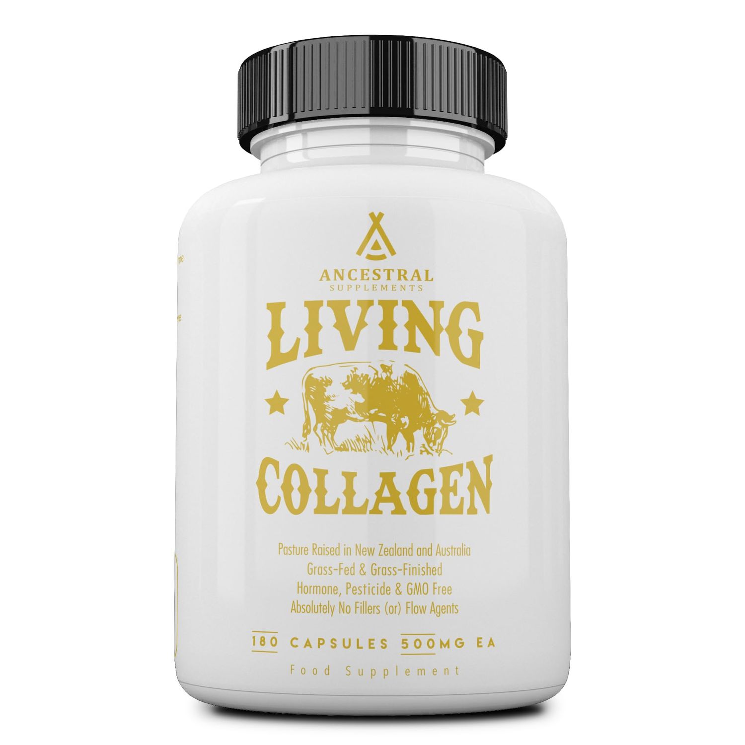 Ancestral Supplements Grass Fed Beef Living Collagen Nutritional Powder Supplement, 3000mg, Promotes Healthier, Younger Looking Skin, Hair, Nails and Joints, Type II, 180 Capsules