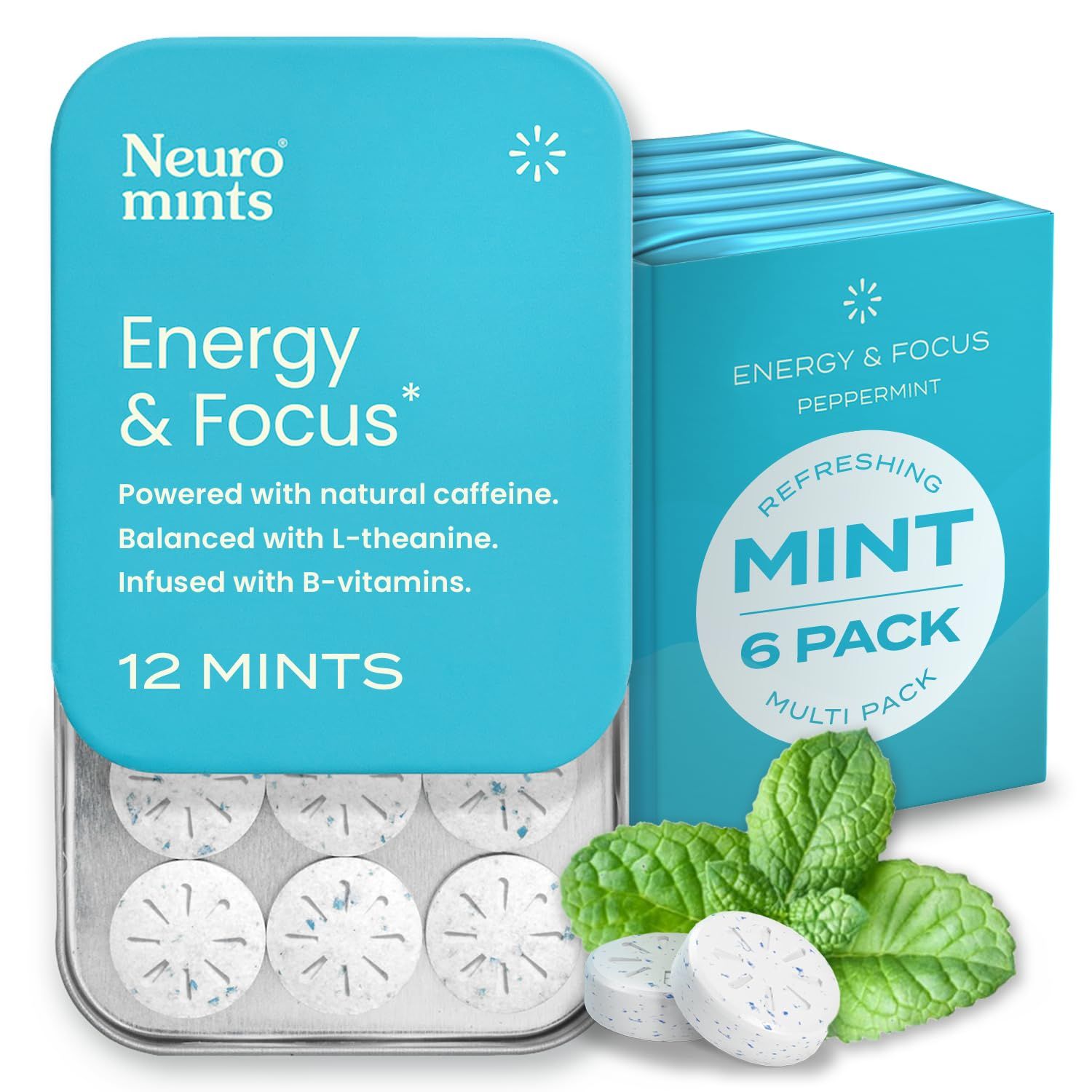 NeuroGum Energy Caffeine Mints (72 Pieces) - Sugar Free with L-theanine + Natural Caffeine + Vitamin B12 &amp; B6 - Nootropic Energy &amp; Focus Supplement for Women &amp; Men - Keto &amp; Vegan, Peppermint Flavor