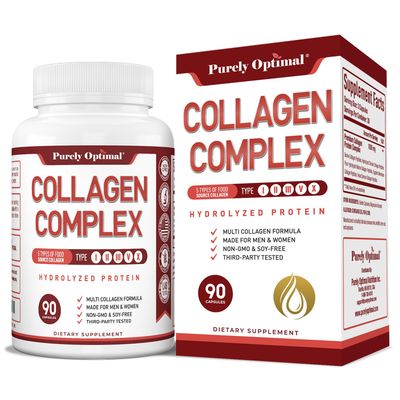 Purely Optimal Premium Multi Collagen Peptides Capsules (Types I, II, III, V, X) - Hair, Skin and Nails, Digestive &amp; Joint Health Supplement, Hydrolyzed Collagen Pills (90 Capsules)