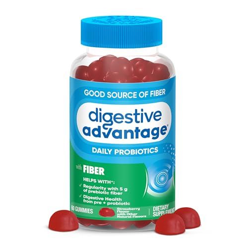 Digestive Advantage Prebiotic Fiber Supplement with Probiotics for Women &amp; Men Digestive Health, Fiber Gummies for Adults Regularity and Gut Health, 60ct Strawberry Flavor