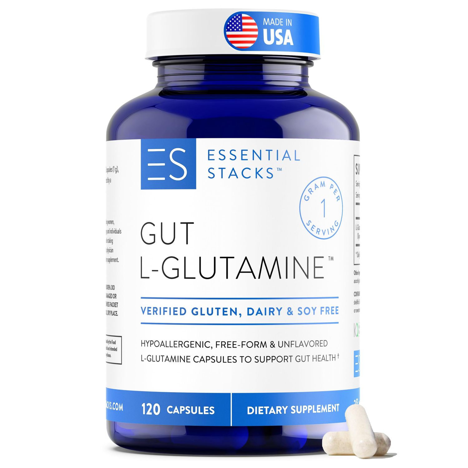 Essential Stacks Gut L-Glutamine Capsules 1000mg (Made in USA) - Gluten, Dairy &amp; Soy Free, Non-GMO L Glutamine for Gut Health - 60 Serves (120 Caps)