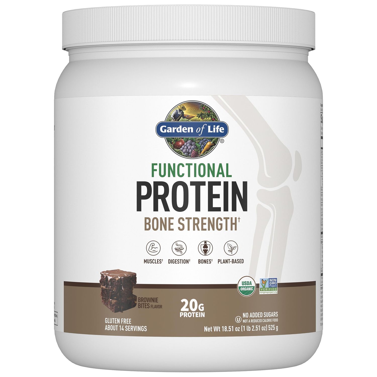 Garden of Life Organic Vegan Protein Powder, 20g Plant Based Protein with Calcium, D3, K2 MK-7 &amp; Magnesium for Bone Strength, Prebiotics &amp; Probiotics for Digestion, Brownie Bites Flavor, 14 Servings