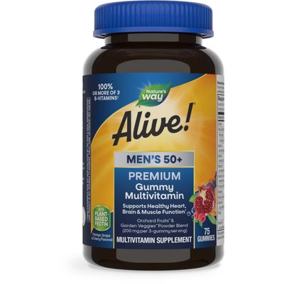 Natures Way Alive! Mens 50+ Premium Gummy Multivitamin, Supports Healthy Heart, Brain &amp; Muscle Function*, B-Vitamins, Vegetarian, Grape, Orange and Cherry Flavored, 75 Gummies (Packaging May Vary)