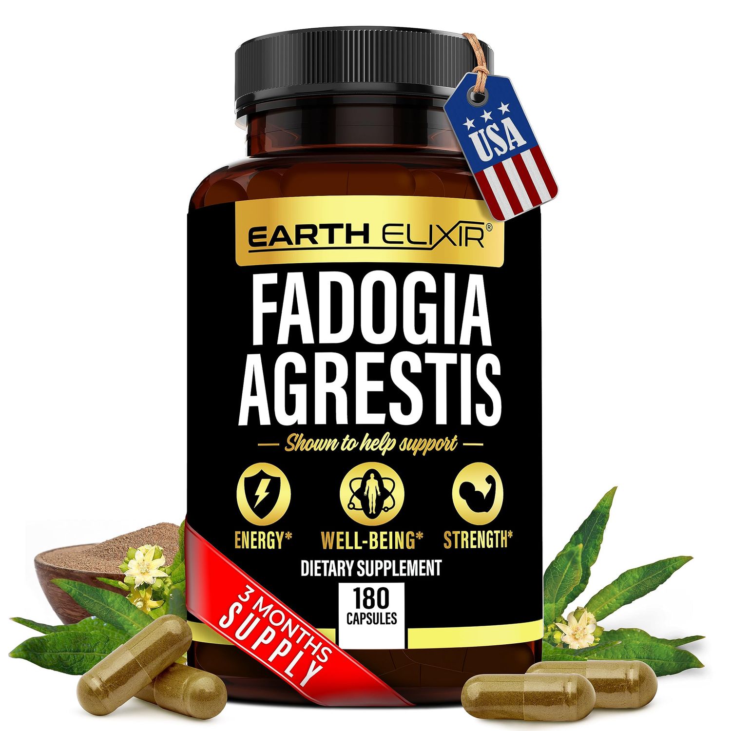 Earth Elixir Fadogia Agrestis Supplement 1000mg (180 Capsules) - Made in USA - 3 Month Supply - 3rd Party Tested - Fadogia Agrestis Extract -Max Purity - 100% Pure - Fadogia Agrestis Capsules