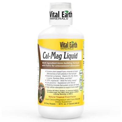 Vital Earth Minerals Cal-Mag Liquid - Calcium Magnesium Supplement with Vitamin D3, K2, Boron, and Fulvic Acid for Faster Absorption, 32 Oz + 1 Oz Cup