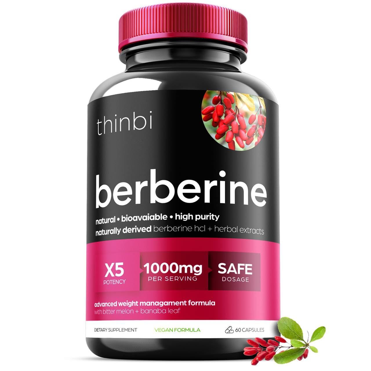 Berberine Supplement 1000mg Potent Botanical Capsules for Weight Management with Bitter Melon and Banaba Leaf - HCl from Barberry Extract- 30 Servings