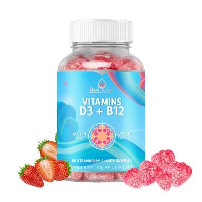 BeLive Vitamin D3 Gummies with B12 Vitamins - 60 Ct I Immune Support Gummies with Vegan Vitamin B12 &amp; D3, Provides Enhanced Bone &amp; Muscle Strength, Hearth Health and Energy - Strawberry Flavor