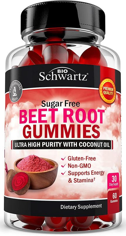 Sugar Free Beet Root Gummies - Nitric Oxide Beet Chews Infused with Coconut Oil for Highest Absorption - Supports Energy &amp; Whole Body Health - Delicious Strawberry Flavor - 60 Count (30 Day Supply)
