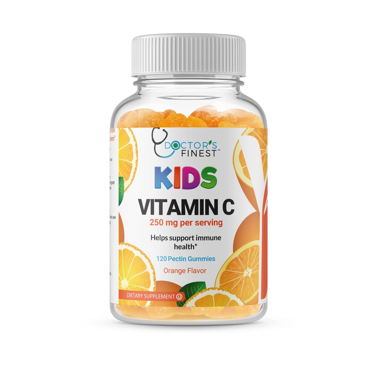 DOCTOR&#39;S FINEST Vitamin C Gummies for Kids - Vegan, GMO Free &amp; Gluten Free - Great Tasting Orange Flavor Pectin Chews - Kids Dietary Supplement - 250 mg of Vitamin C - 120 Jellies [60 Doses]