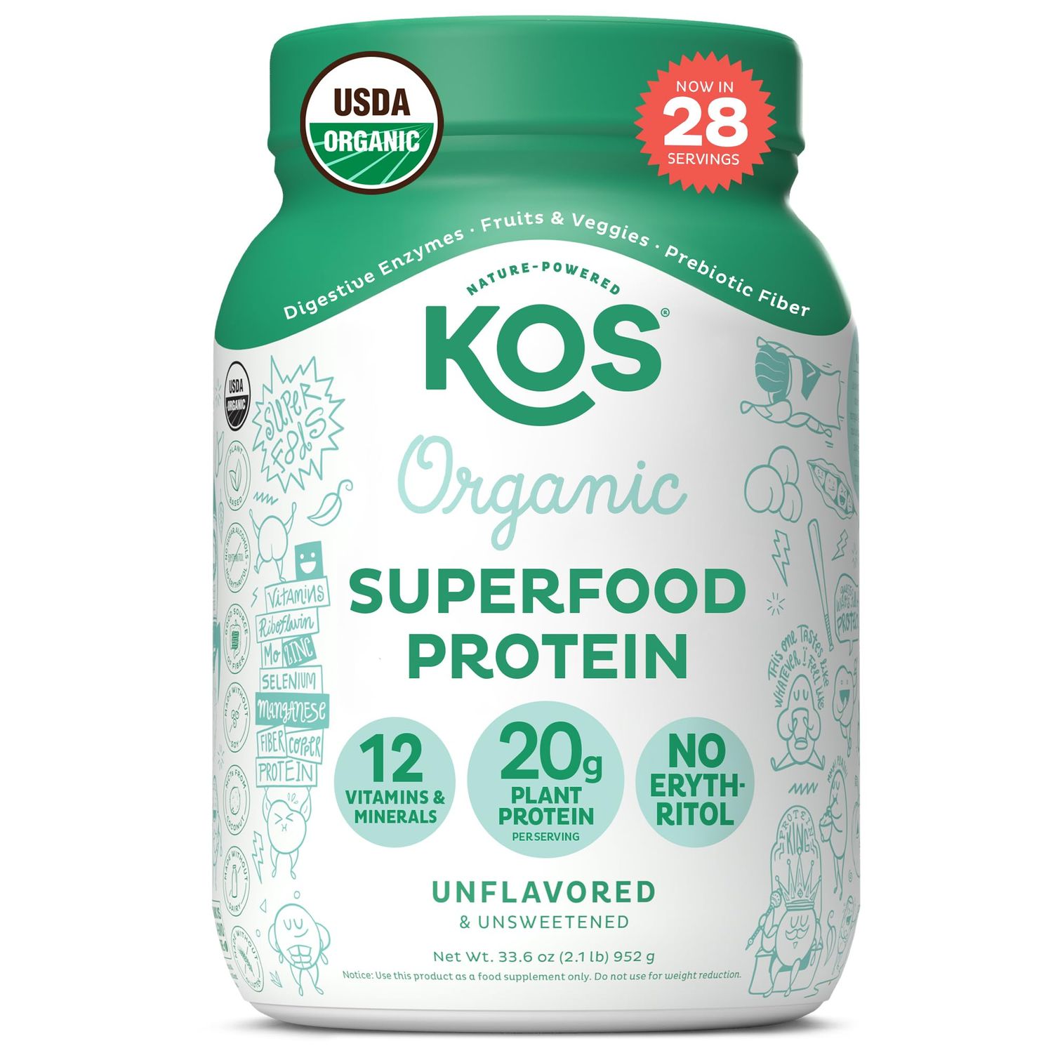 KOS Vegan Protein Powder, Unflavored &amp; Unsweetened - Low Carb Pea Protein Blend, Organic Superfood Rich in Vitamins &amp; Minerals - Keto, Soy, Dairy Free - Meal Replacement for Women &amp; Men - 28 Servings