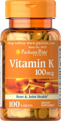 Puritan&#39;s Pride Premium Vitamin K 100mcg, Dietary Supplement for Bone, Joint, and Blood Clotting Health Support, 100 Day Supply, 100 Tablets