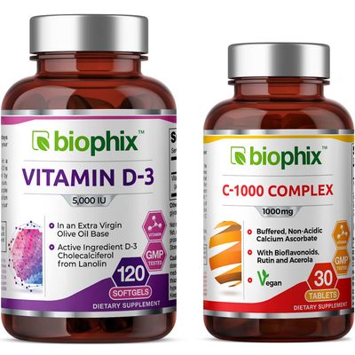 biophix Vitamin D-3 5000 IU 120 Softgels - Free Vitamin C-1000 30 Tablets - High-Potency in Extra Virgin Olive Oil Non-GMO Soy-Free Supports Strong Bones Immune Health