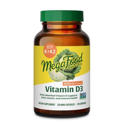 MegaFood Vitamin D3 5000 IU (125 mcg) - VegetarianVitamin D Supplements with Vitamin D3 K2, Supports Bones, Teeth, Muscles &amp; Immune Health, Certified Non-GMO - 120 Mini Capsules, 120 Servings