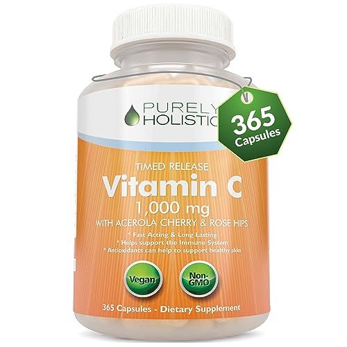 Purely Holistic Vitamin C 1000mg, 365 Capsules, 12 Month Supply, 2 Stage Timed Release with Ascorbic Acid, Rosehip &amp; Acerola Cherry Bioflavonoid, Immune System Support, Vegan