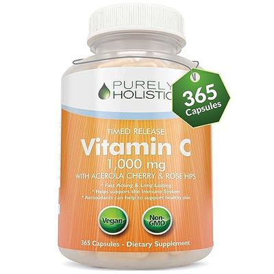 Purely Holistic Vitamin C 1000mg, 365 Capsules, 12 Month Supply, 2 Stage Timed Release with Ascorbic Acid, Rosehip &amp; Acerola Cherry Bioflavonoid, Immune System Support, Vegan