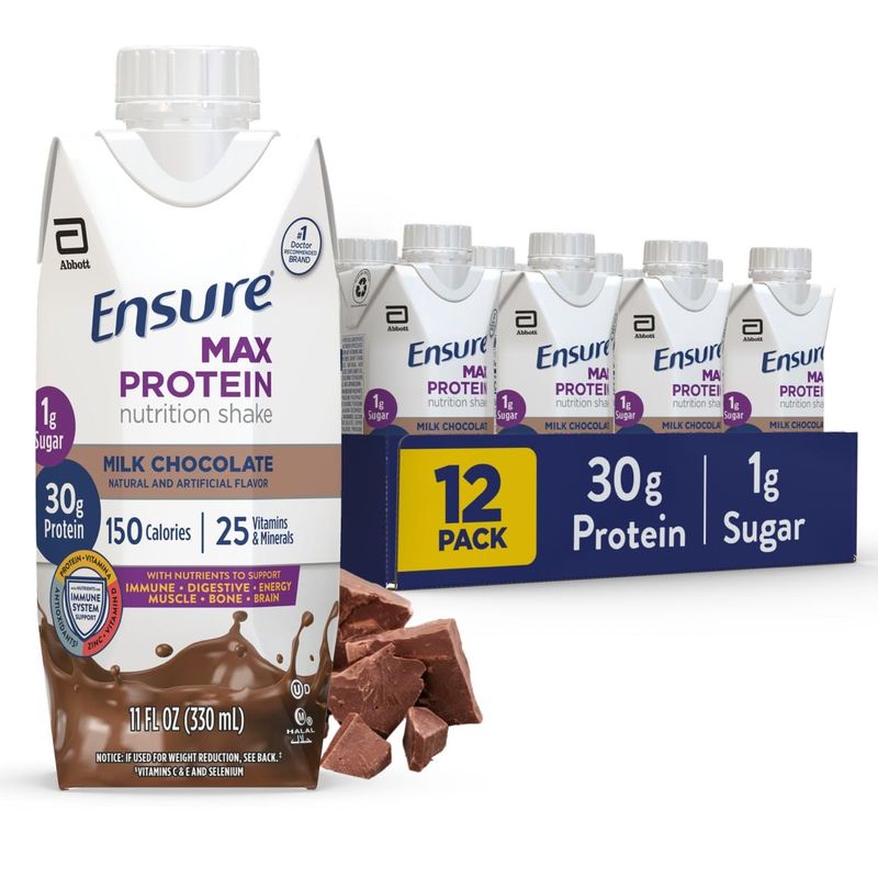 Ensure Max Protein Shake | Milk Chocolate | Ready to Drink | 30g Protein for Muscle Building | 1g Sugar, 4g Fiber | 11 fl oz - 12 Pack