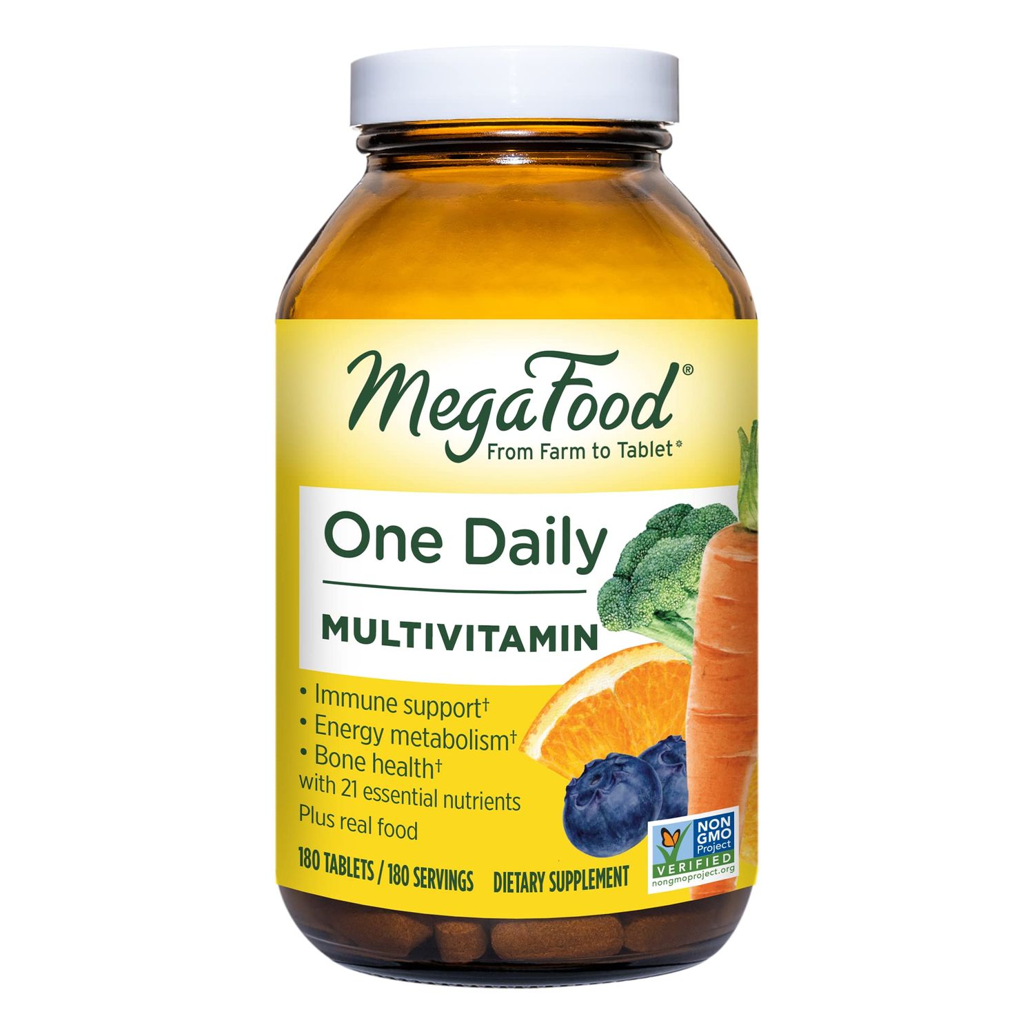 MegaFood One Daily Multivitamin - Multivitamin for Women and Men - with Real Food - Immune Support Supplement - Vitamin C &amp; Vitamin B - Bone Health - Energy Metabolism - Vegetarian, Non-GMO - 180 Tabs