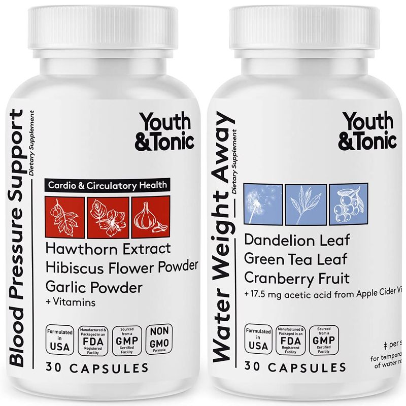 Youth &amp; Tonic Daily Water Weight Away Pills and Blood Pressure Support Supplements/Natural Diuretics for Water Retention &amp; BP Capsules to Maintain a Good Circulatory Health / 60 CPS for Women &amp; Men