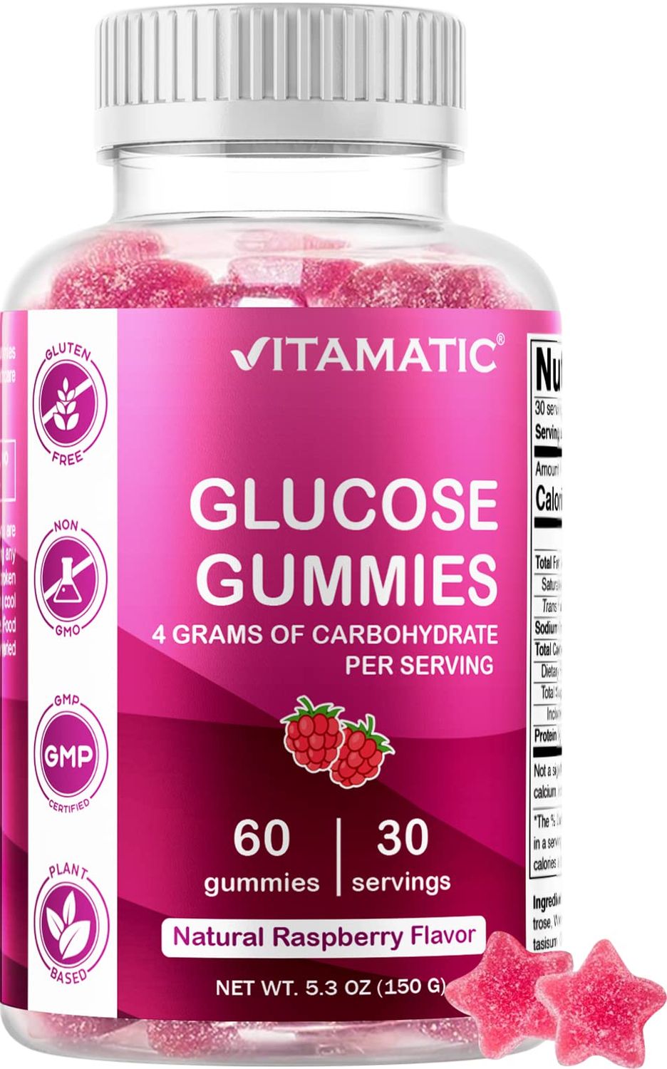 Vitamatic Glucose chewable Gummies - 60 Count - Natural Raspberry Flavor - 4G of Carbohydrate per Serving (2 Bottles)