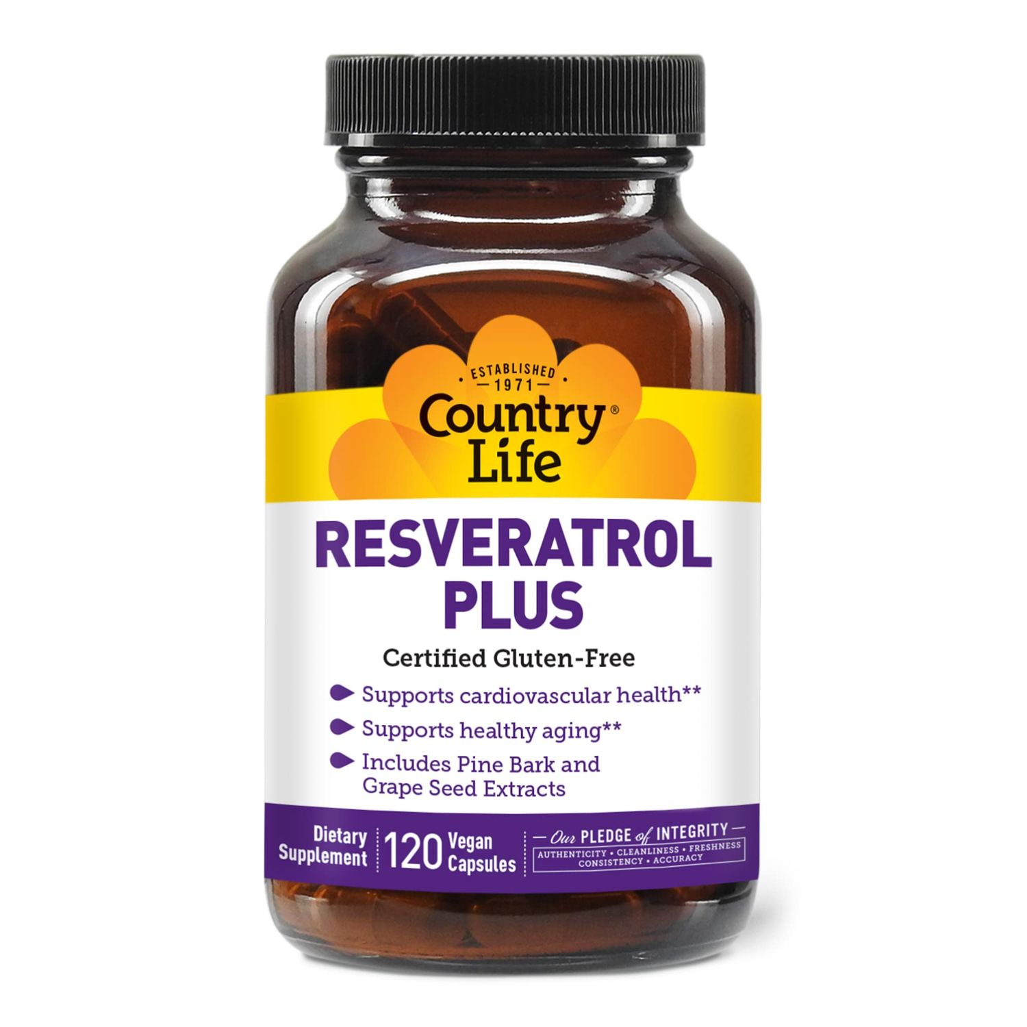 Country Life Resveratrol Plus 1000mg - Organic Antioxidant Supplement with Pine Bark &amp; Grape Seed Extracts - Vegan, Gluten-Free, Non-GMO