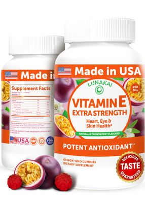 Lunakai USA Made Vitamin E Gummies 400IU with Vitamin C - Delicious, Vegan, Non-GMO Supplement for Daily Skin & Eye Support, d-Alpha Tocopherol, 60ct