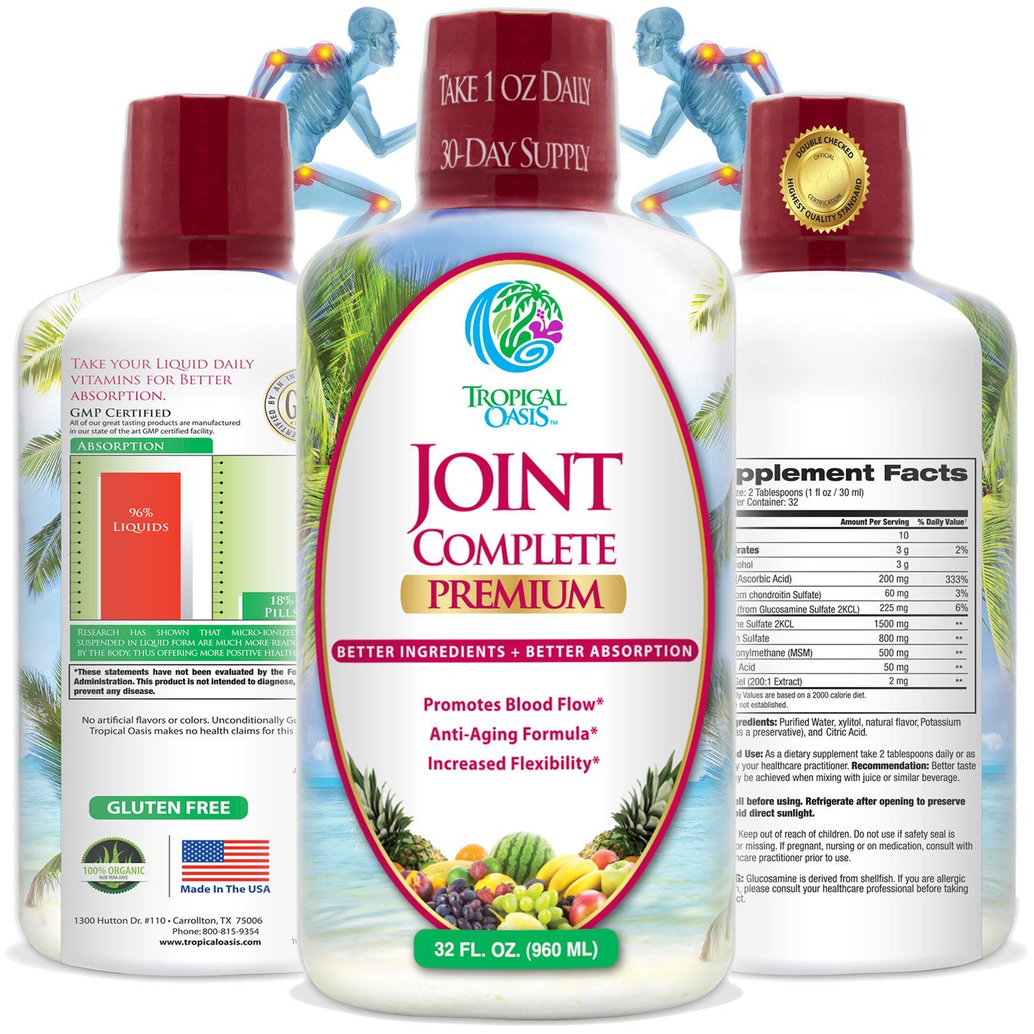 Tropical Oasis Joint Complete Premium - Liquid Joint Supplement with Liquid Glucosamine Sulfate, Chondroitin, MSM &amp; Hyaluronic Acid - 96% Max Absorption- 32oz, 32 serv, 33484