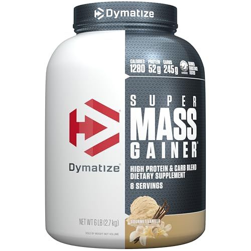 Dymatize Super Mass Gainer Protein Powder, 1280 Calories &amp; 52g Protein, Gain Strength &amp; Size Quickly, 10.7g BCAAs, Mixes Easily, Tastes Delicious, Gourmet Vanilla, Gourmet Vanilla, 6 Pound (Pack of 1)