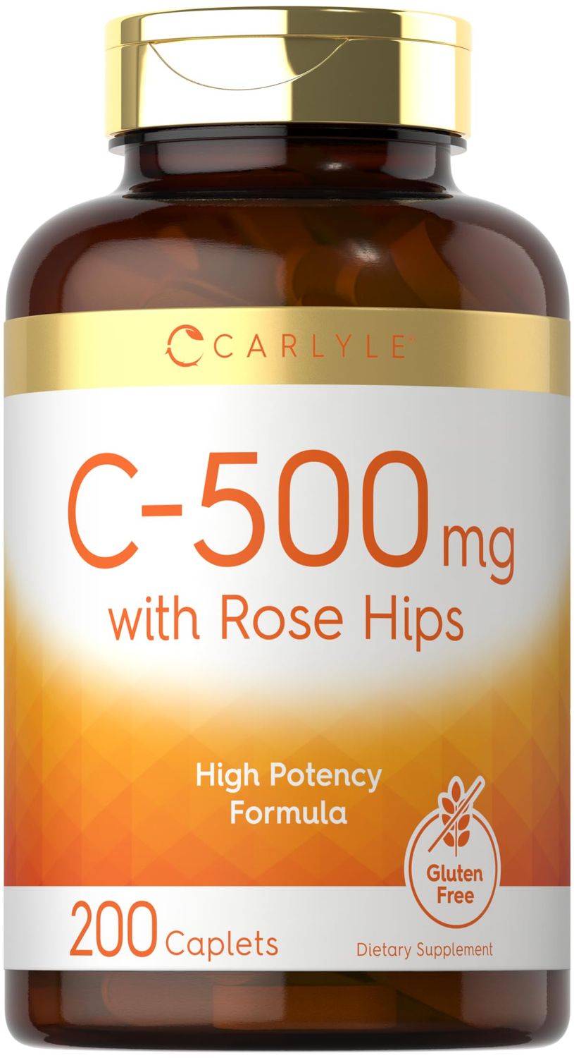 Carlyle Vitamin C with Rose HIPS 500mg | 200 Caplets | High Potency Formula | Vegetarian, Non-GMO and Gluten Free Supplement