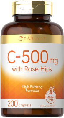 Carlyle Vitamin C with Rose HIPS 500mg | 200 Caplets | High Potency Formula | Vegetarian, Non-GMO and Gluten Free Supplement