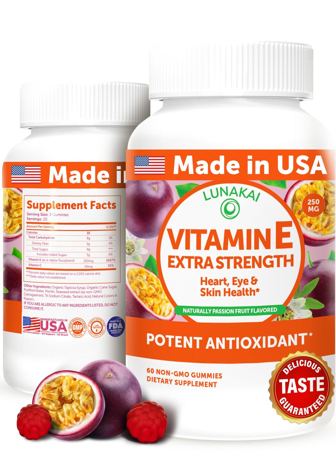 Lunakai USA Made Vitamin E Gummies 400IU with Vitamin C - Delicious, Vegan, Non-GMO Supplement for Daily Skin &amp; Eye Support, d-Alpha Tocopherol, 60ct