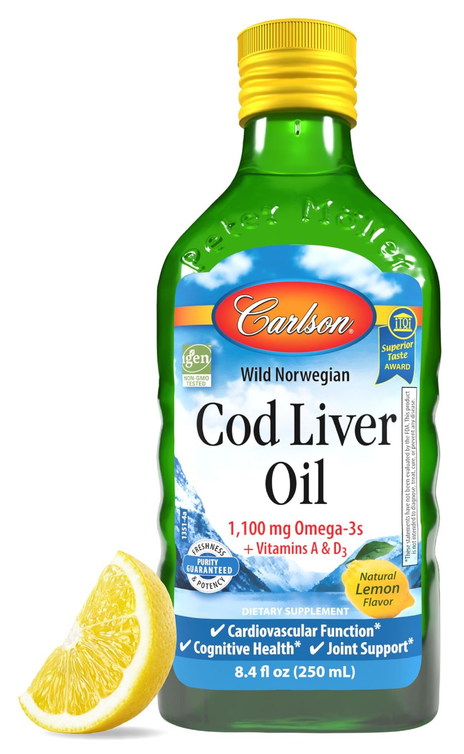 Carlson - Cod Liver Oil, 1100 mg Omega-3s, Liquid Fish Oil Supplement, Wild-Caught Norwegian Arctic, Sustainably Sourced Nordic Liquid, Lemon, 250 ml