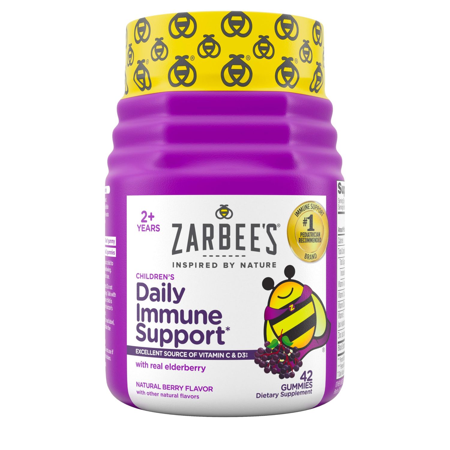 Zarbee&#39;s Children&#39;s Daily Immune Support Gummies with Real Elderberry + Vitamins A, C, D, E &amp; Zinc to Help Promote a Healthy Immune System, No Artificial Flavors, Gluten-Free, 42 ct