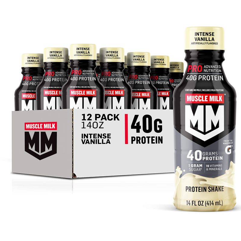Muscle Milk Pro Advanced Nutrition Protein Shake, Intense Vanilla, 14 Fl Oz Bottle, 12 Pack, 40g Protein, 1g Sugar, 16 Vitamins &amp; Minerals, 6g Fiber, Workout Recovery, Packaging May Vary